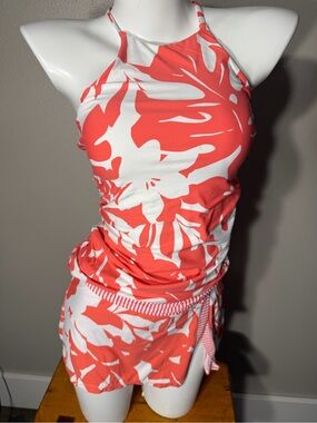 Coral & White Floral Halter Tankini swimsuit